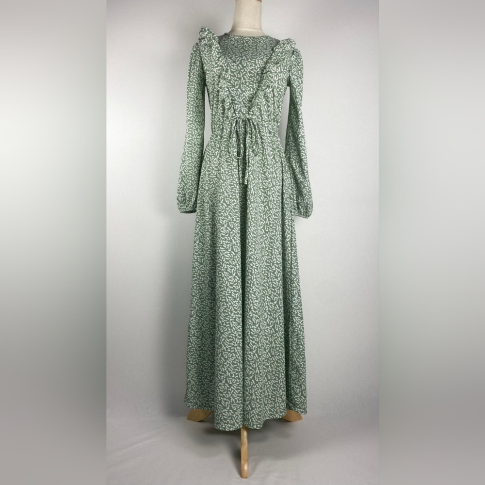 Long Sleeve Printed Green And White Maxi Dress